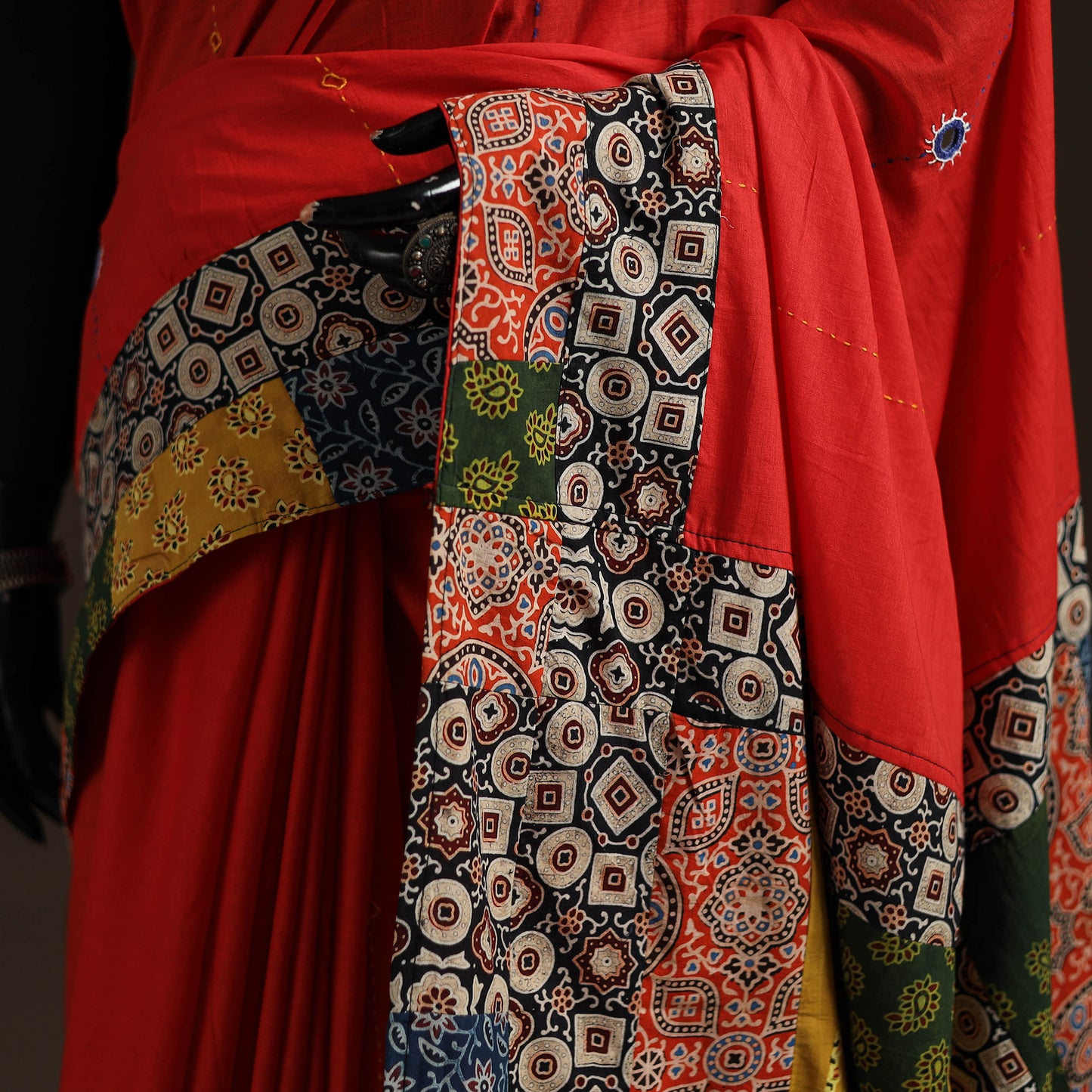 Ajrakh Hand Block Print Patchwork Pure Mul Cotton Saree 17