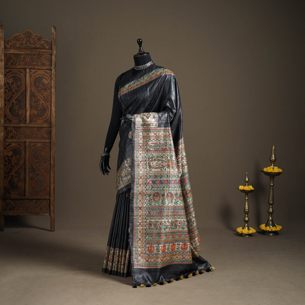 Grey - Madhubani Handpainted Pure Ghicha Tussar Silk Handloom Saree 07