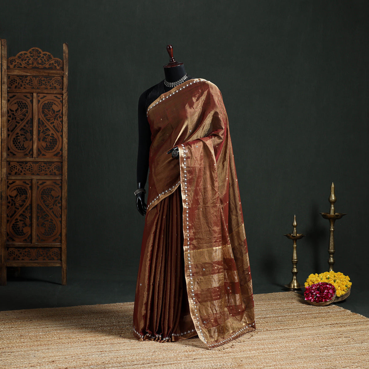 Pure Handloom Tissue Zari Buti Bead Work Katan Silk Chanderi Saree 03