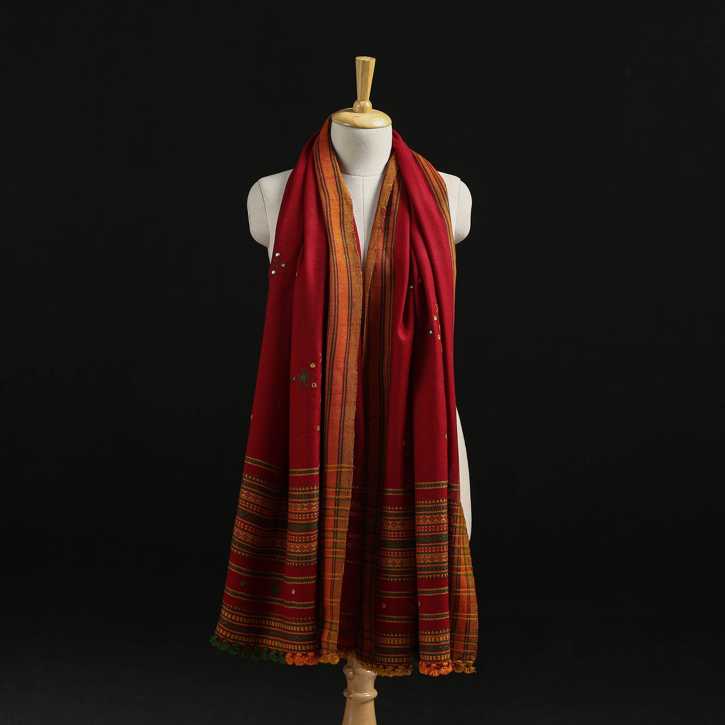 Kutch Handwoven Mirror Work Chomuk Buta Acrylic Wool Shawl 10