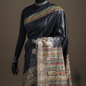 Grey - Madhubani Handpainted Pure Ghicha Tussar Silk Handloom Saree 07