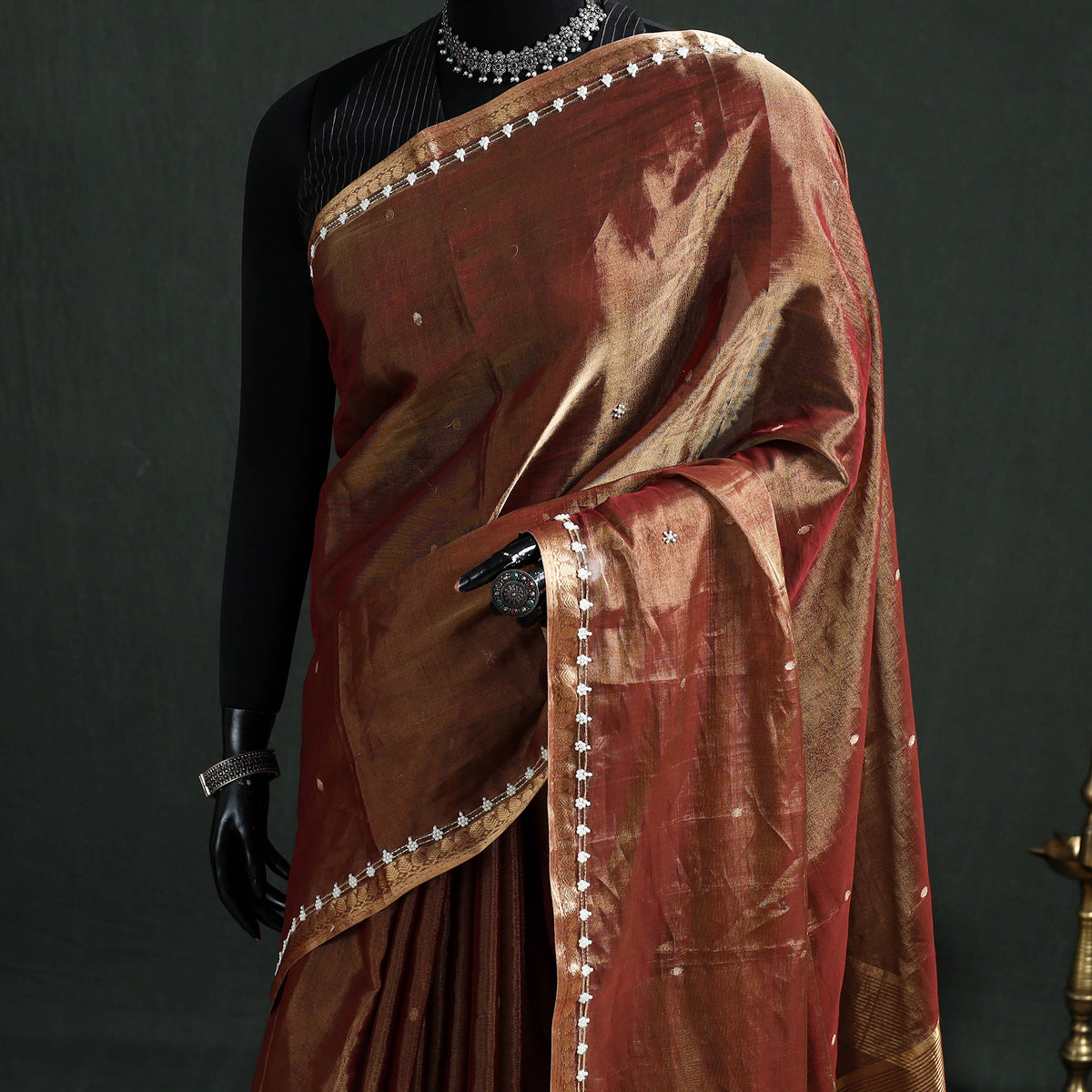 Pure Handloom Tissue Zari Buti Bead Work Katan Silk Chanderi Saree 03