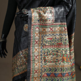 Grey - Madhubani Handpainted Pure Ghicha Tussar Silk Handloom Saree 07