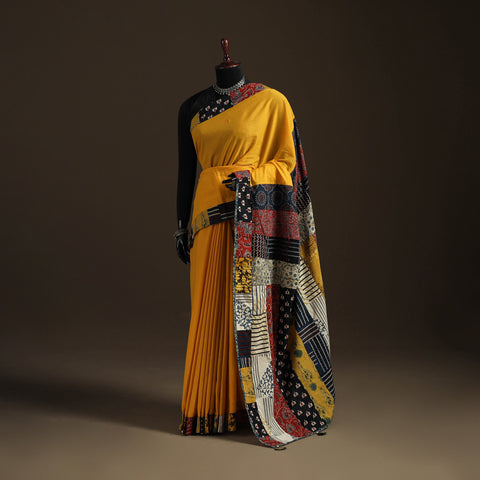 Ajrakh Hand Block Print Patchwork Pure Mul Cotton Saree 18