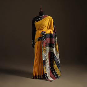 Ajrakh Hand Block Print Patchwork Pure Mul Cotton Saree 18