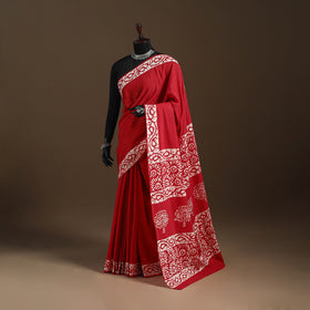 Red - mul cotton hand batik saree 17 - handcrafted