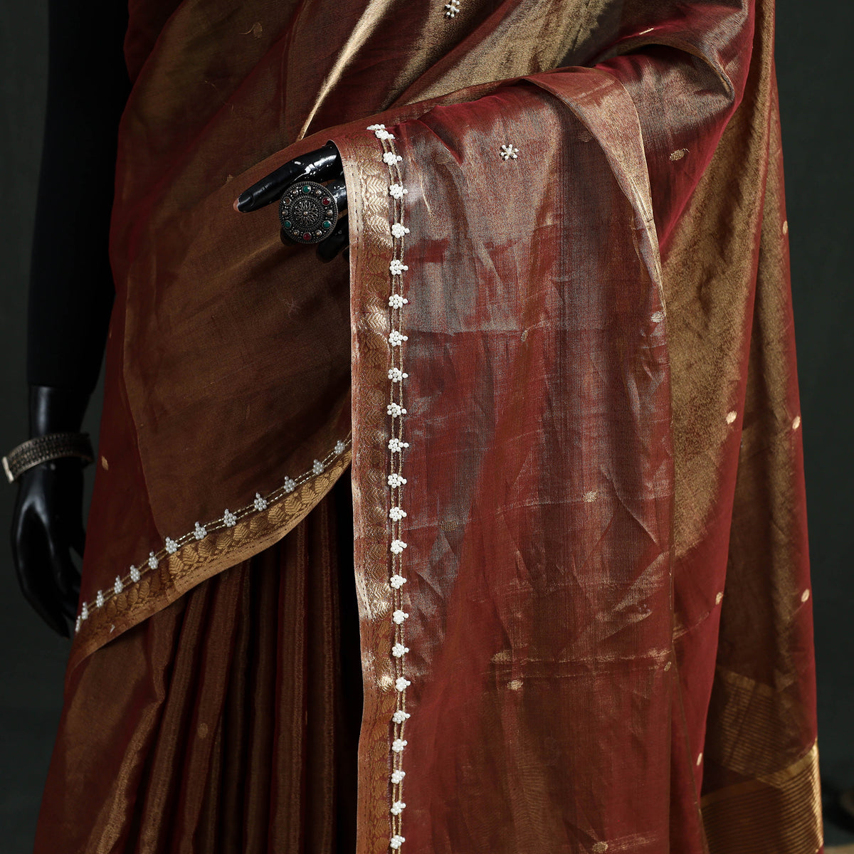 Pure Handloom Tissue Zari Buti Bead Work Katan Silk Chanderi Saree 03