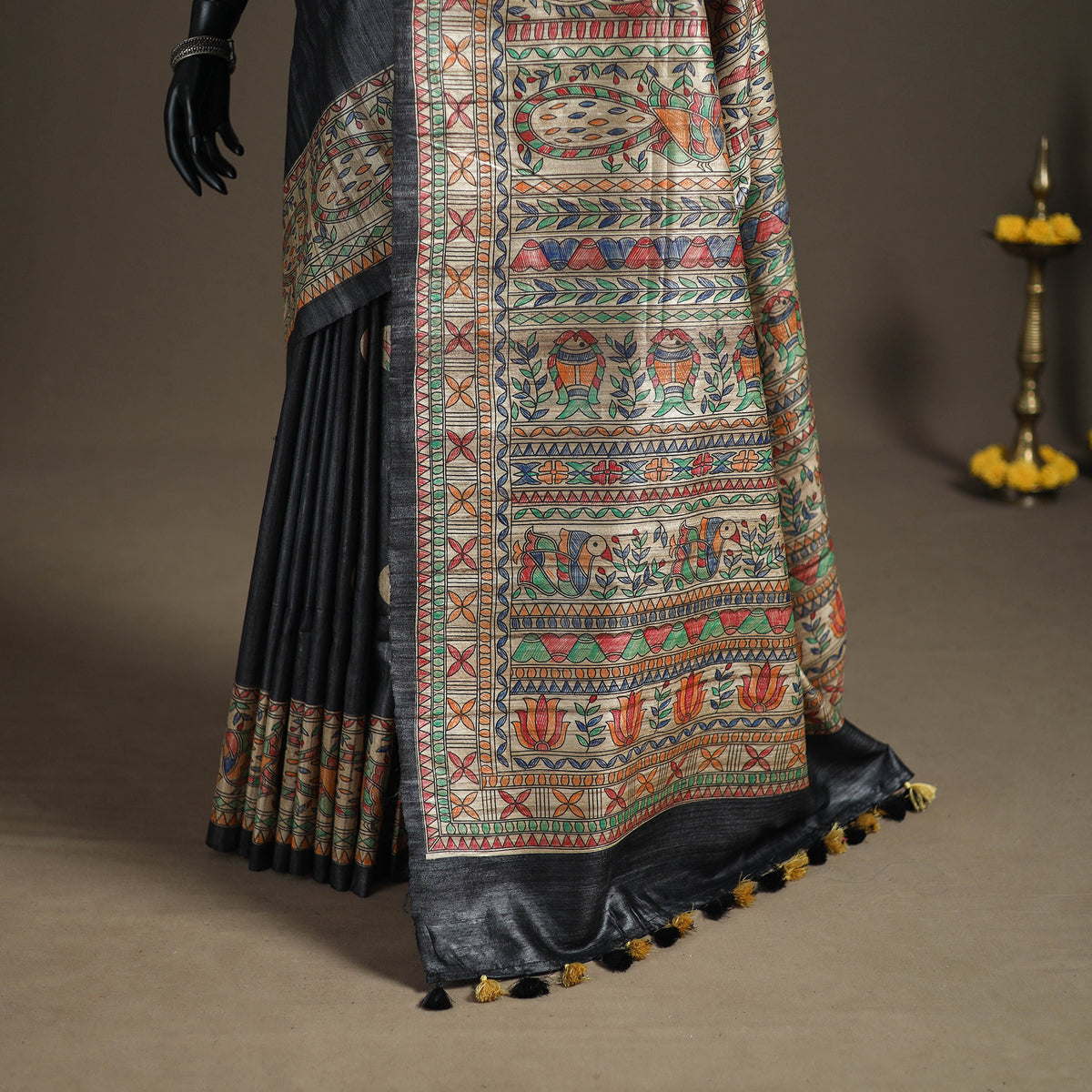Grey - Madhubani Handpainted Pure Ghicha Tussar Silk Handloom Saree 07