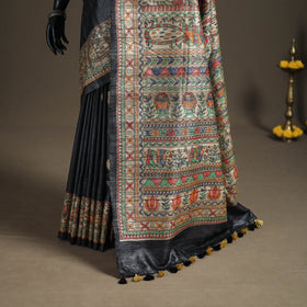 Grey - Madhubani Handpainted Pure Ghicha Tussar Silk Handloom Saree 07
