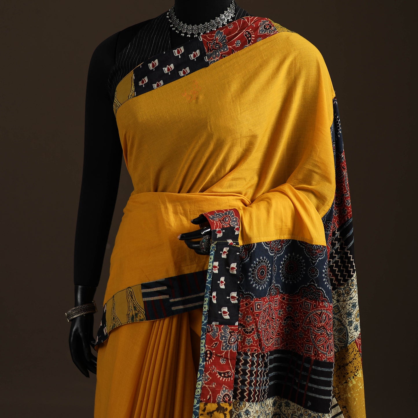 Ajrakh Hand Block Print Patchwork Pure Mul Cotton Saree 18