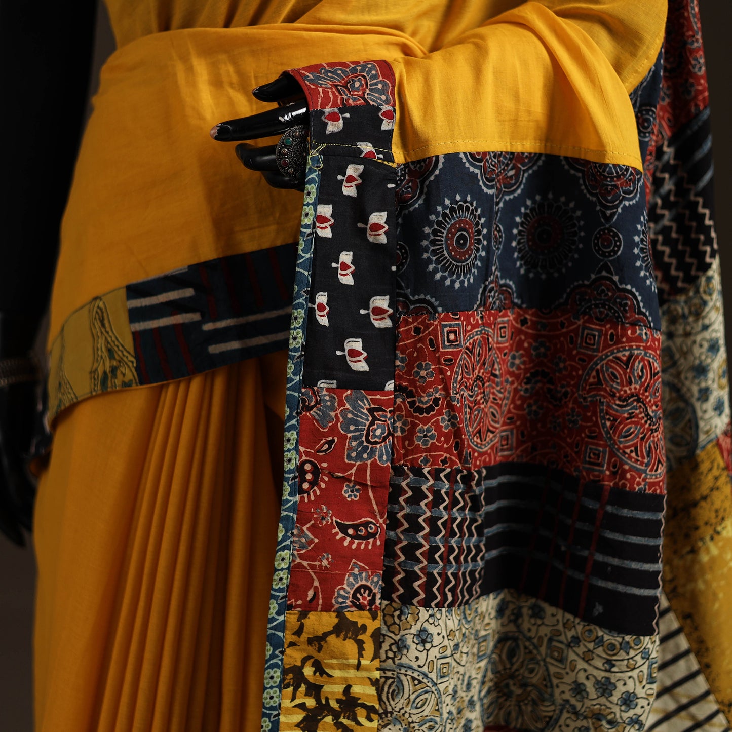 Ajrakh Hand Block Print Patchwork Pure Mul Cotton Saree 18