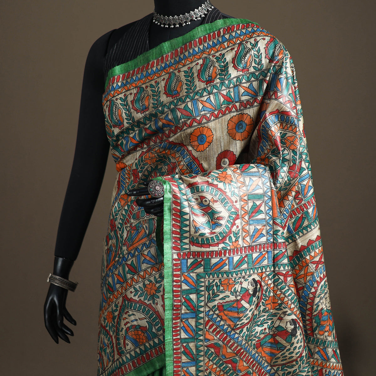 Green - Madhubani Handpainted Pure Ghicha Tussar Silk Handloom Saree 08