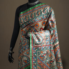Green - Madhubani Handpainted Pure Ghicha Tussar Silk Handloom Saree 08