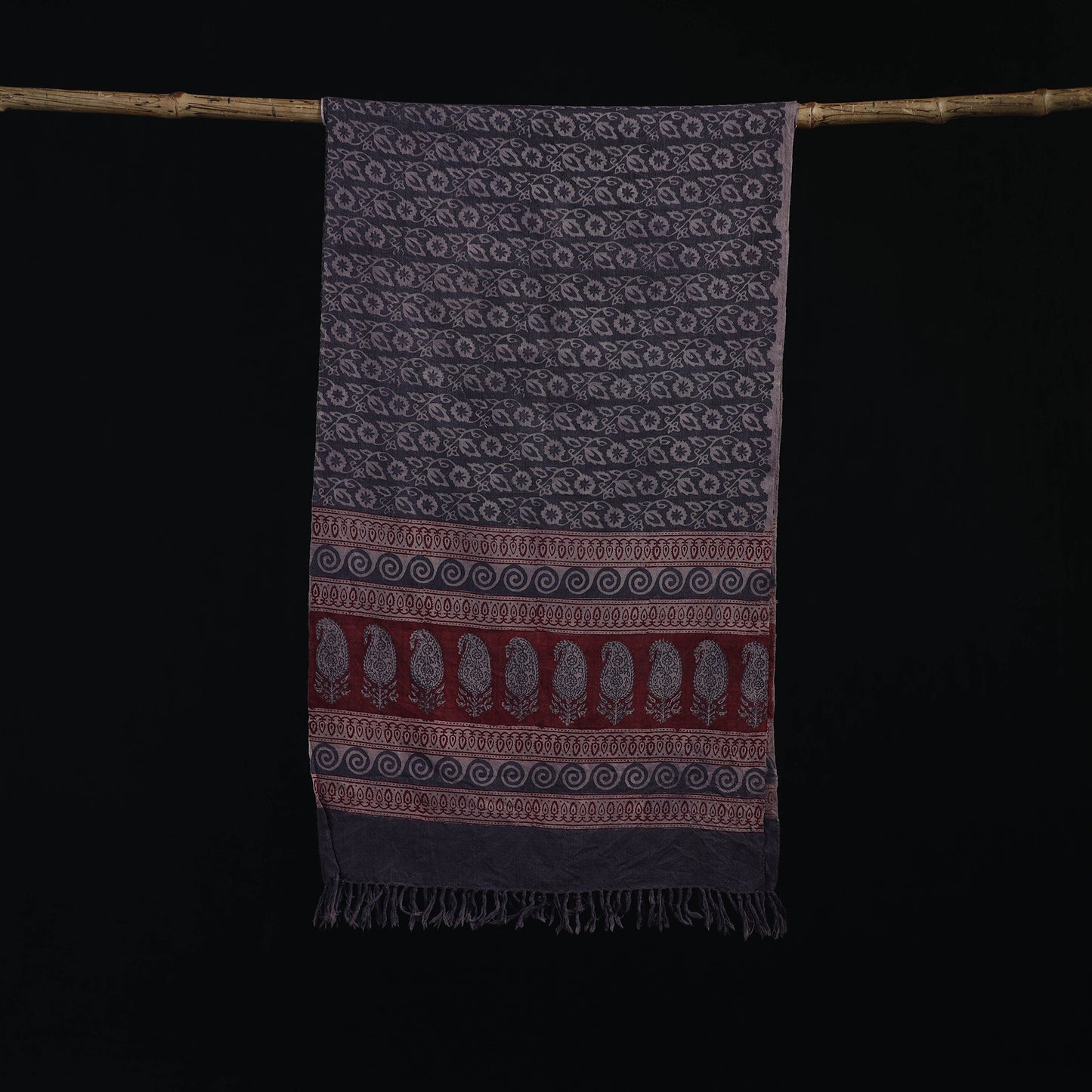 Handwoven Merino Wool Natural Dyed Hand Block Bagh Print Stole 11