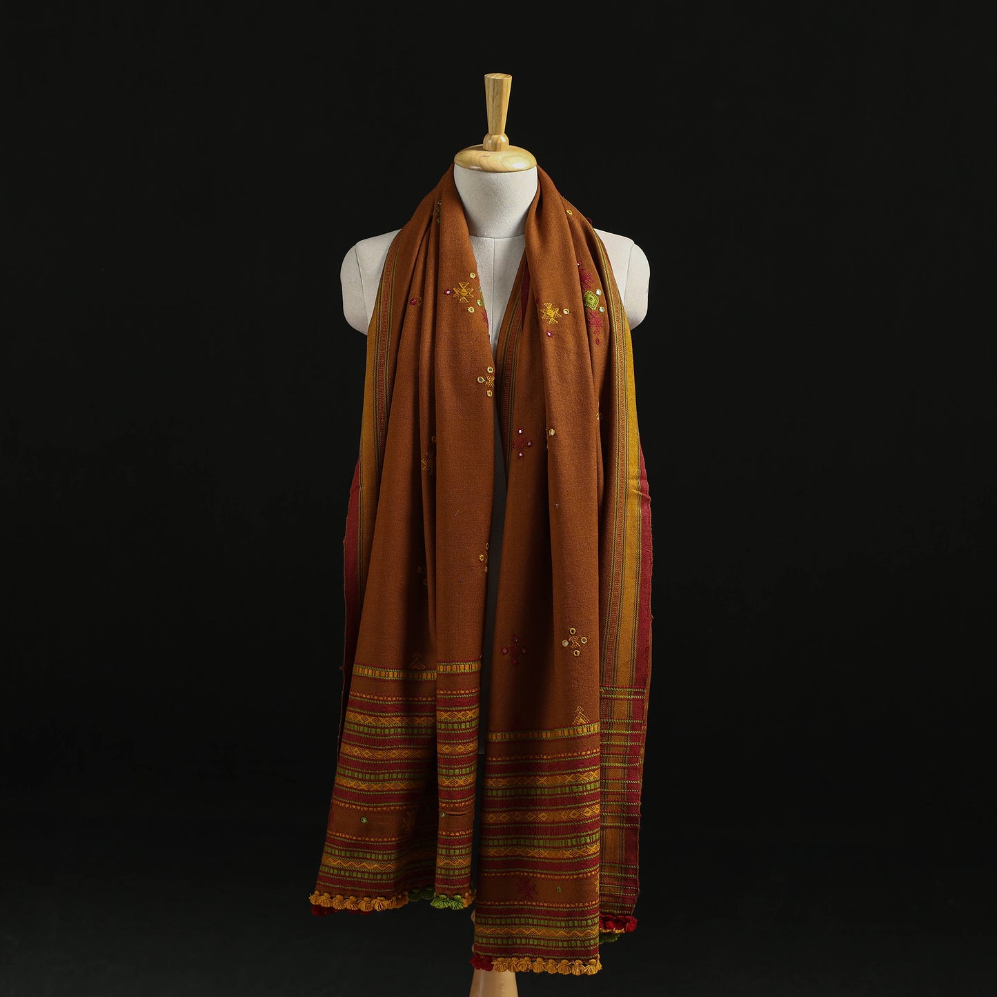 Kutch Handwoven Mirror Work Chomuk Buta Acrylic Wool Shawl 11