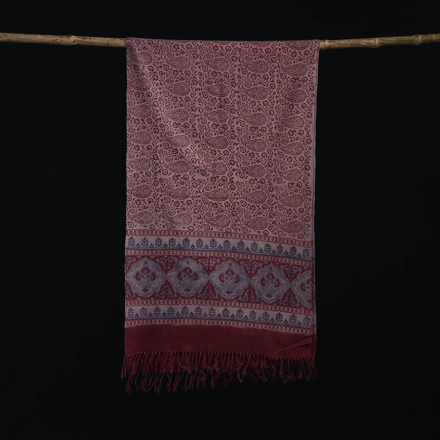 Handwoven Merino Wool Natural Dyed Hand Block Bagh Print Stole 13