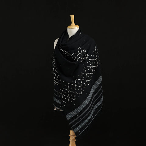 Black - Kutch Handwoven Bandhani Mirror Work Merino Wool Shawl 17