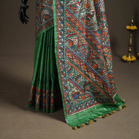 Green - Madhubani Handpainted Pure Ghicha Tussar Silk Handloom Saree 08