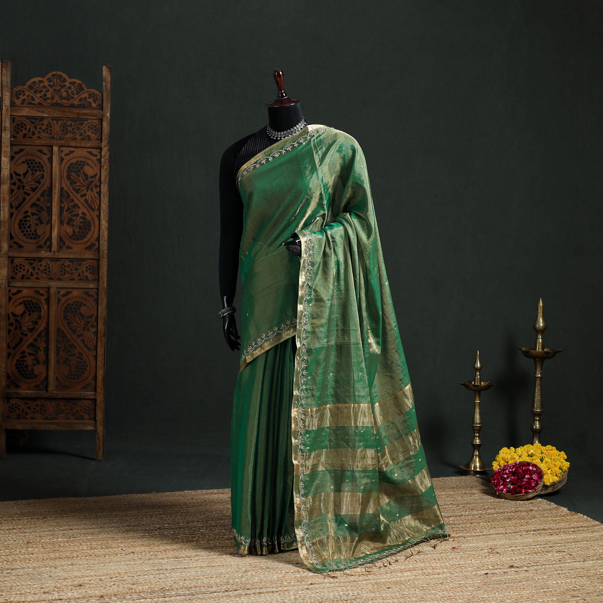 Pure Handloom Tissue Zari Buti Bead Work Katan Silk Chanderi Saree 04