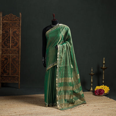 Pure Handloom Tissue Zari Buti Bead Work Katan Silk Chanderi Saree 04