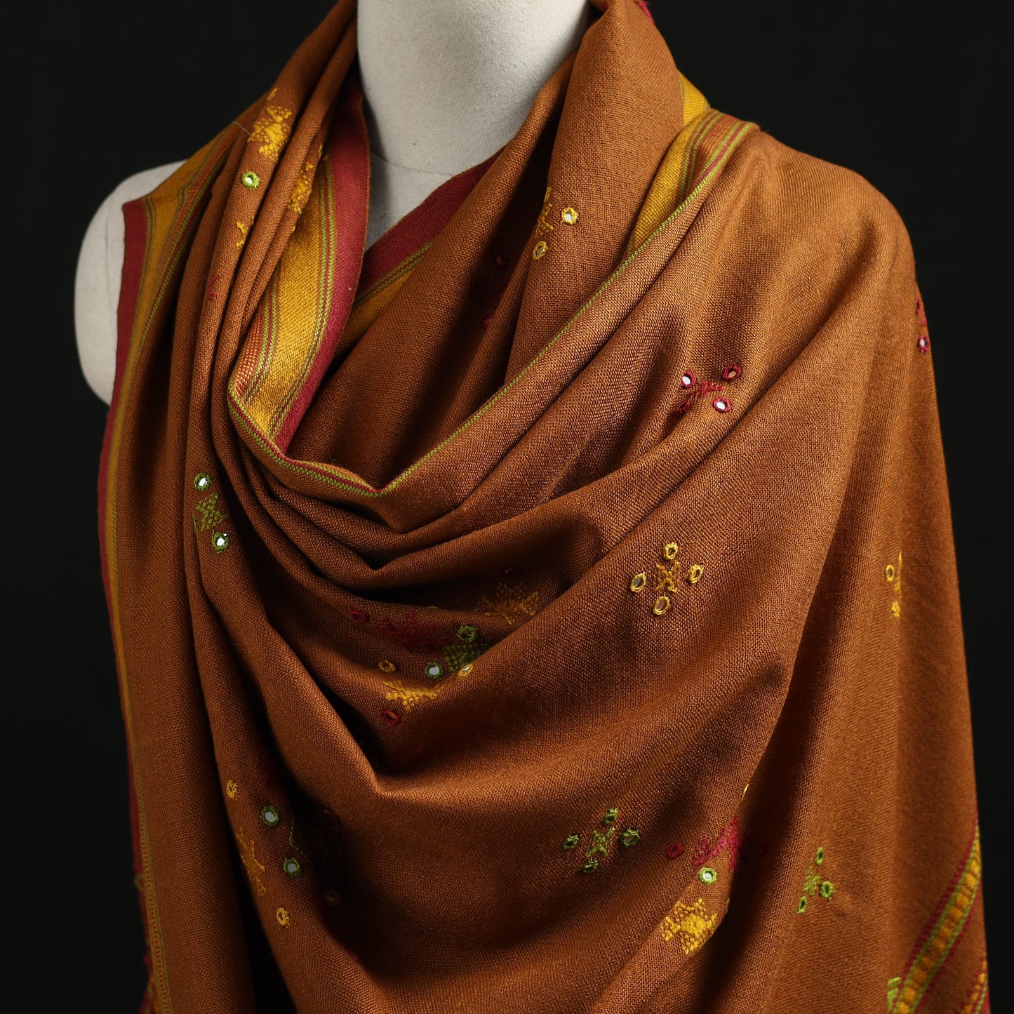 Kutch Handwoven Mirror Work Chomuk Buta Acrylic Wool Shawl 11