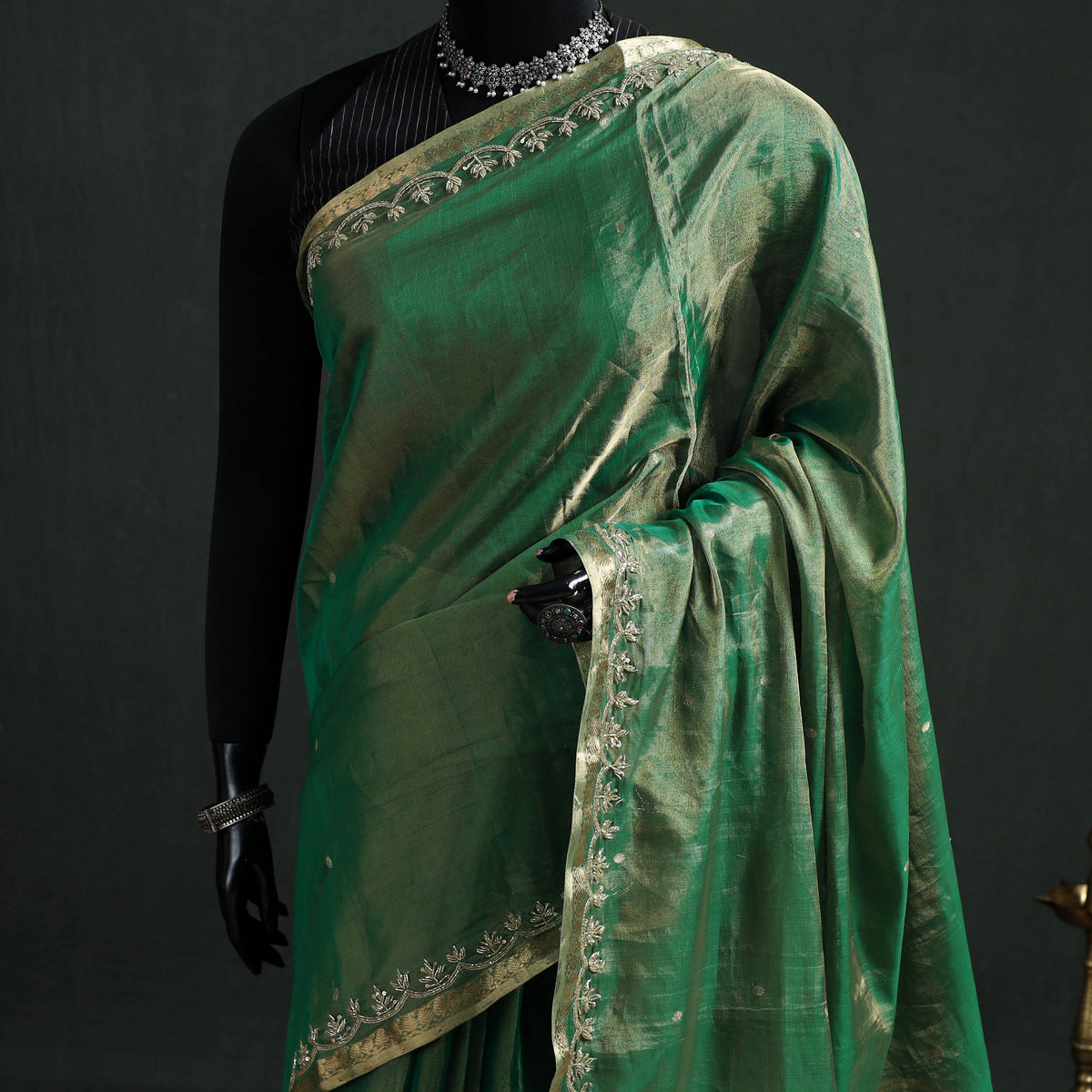 Pure Handloom Tissue Zari Buti Bead Work Katan Silk Chanderi Saree 04