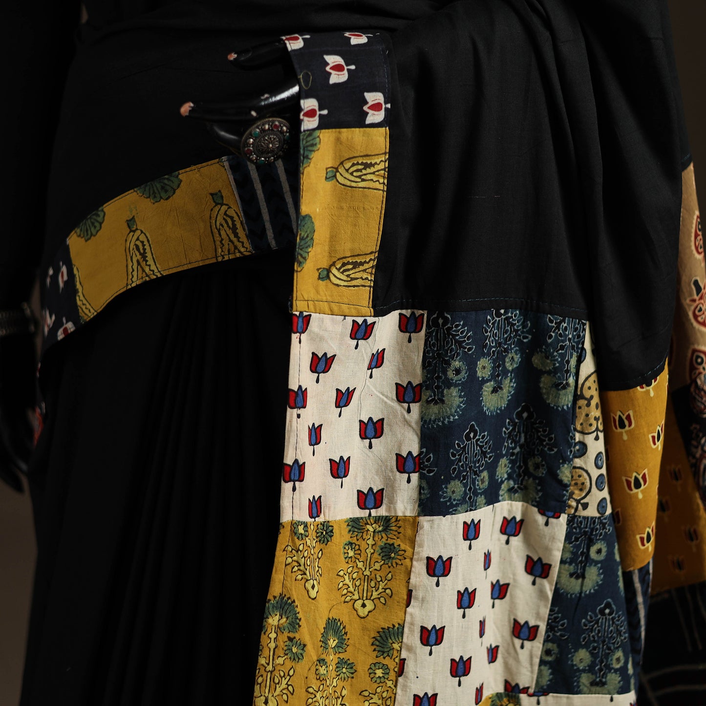 Ajrakh Hand Block Print Patchwork Pure Mul Cotton Saree 19