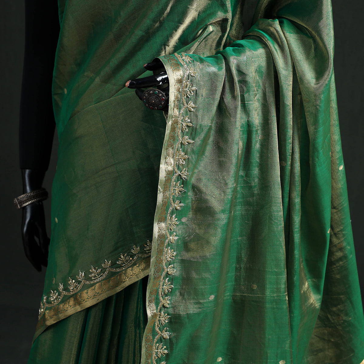 Pure Handloom Tissue Zari Buti Bead Work Katan Silk Chanderi Saree 04