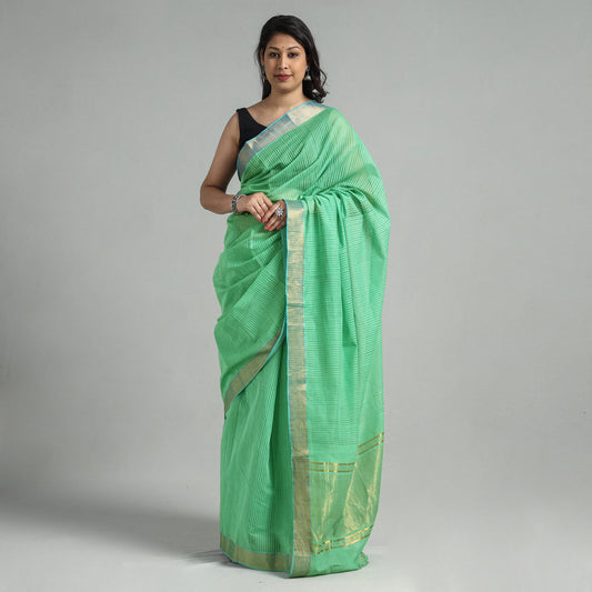 Green - Mangalagiri Cotton Handloom Saree with Pochampally Ikat Blouse Piece