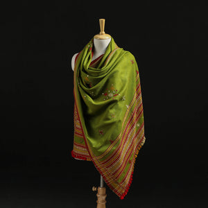 Green - Kutch Handwoven Mirror Work Chomuk Buta Acrylic Wool Shawl 12
