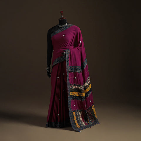 Ajrakh Hand Block Print Tagai & Mirror Patchwork Pure Mul Cotton Saree 10