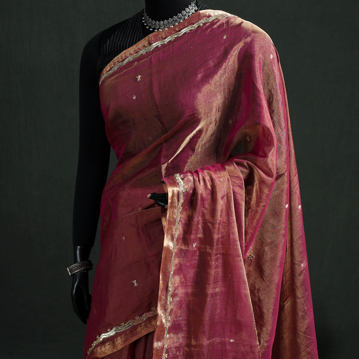 Pure Handloom Tissue Zari Buti Bead Work Katan Silk Chanderi Saree 05