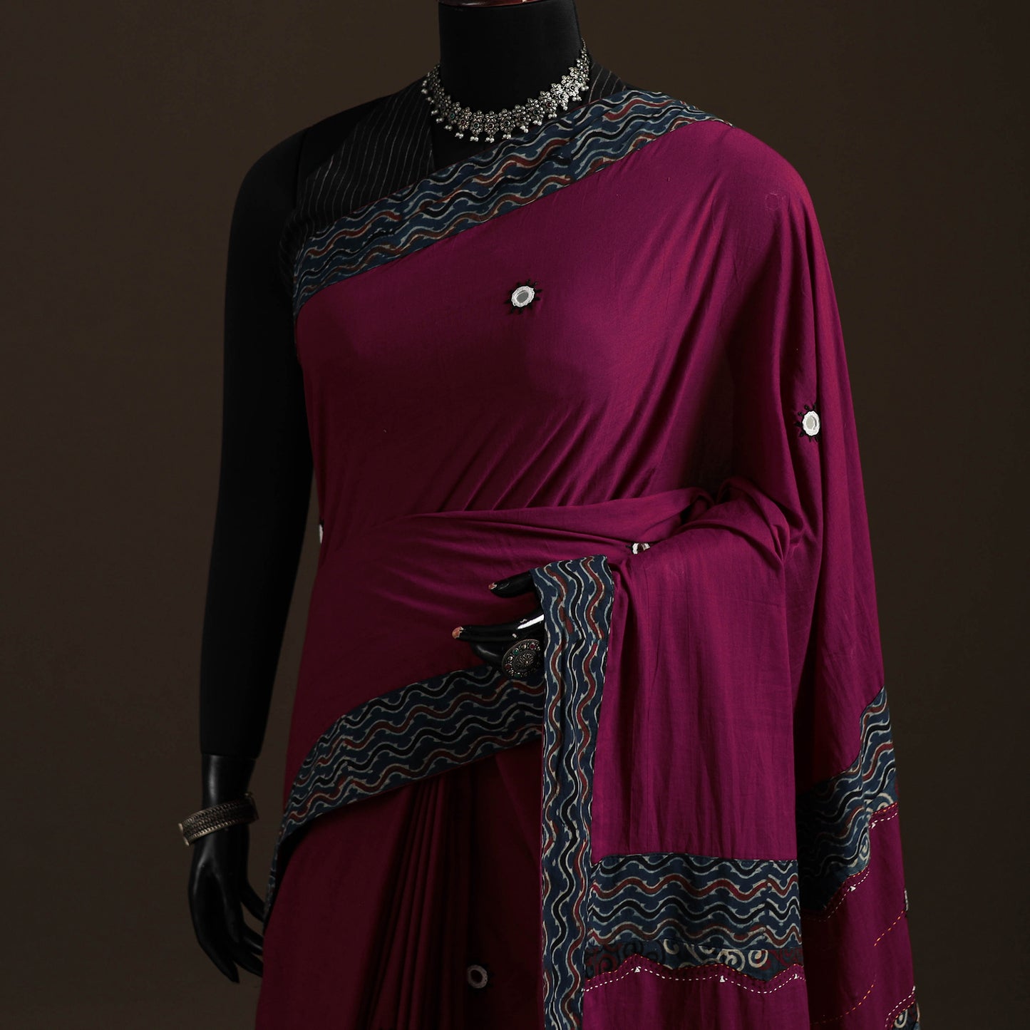 Ajrakh Hand Block Print Tagai & Mirror Patchwork Pure Mul Cotton Saree 10