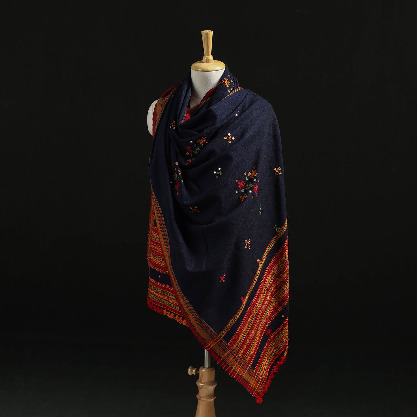 Kutch Handwoven Mirror Work Chomuk Buta Acrylic Wool Shawl 13
