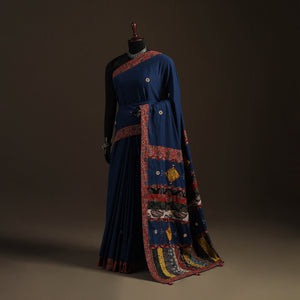 Ajrakh Hand Block Print Tagai & Mirror Patchwork Pure Mul Cotton Saree 03