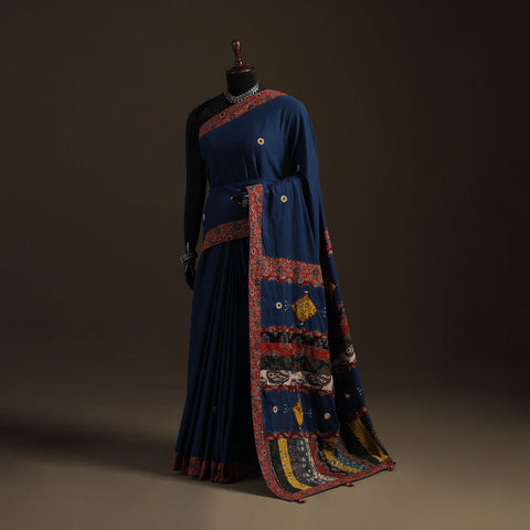 Ajrakh Hand Block Print Tagai & Mirror Patchwork Pure Mul Cotton Saree 03