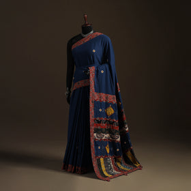 Ajrakh Hand Block Print Tagai & Mirror Patchwork Pure Mul Cotton Saree 03