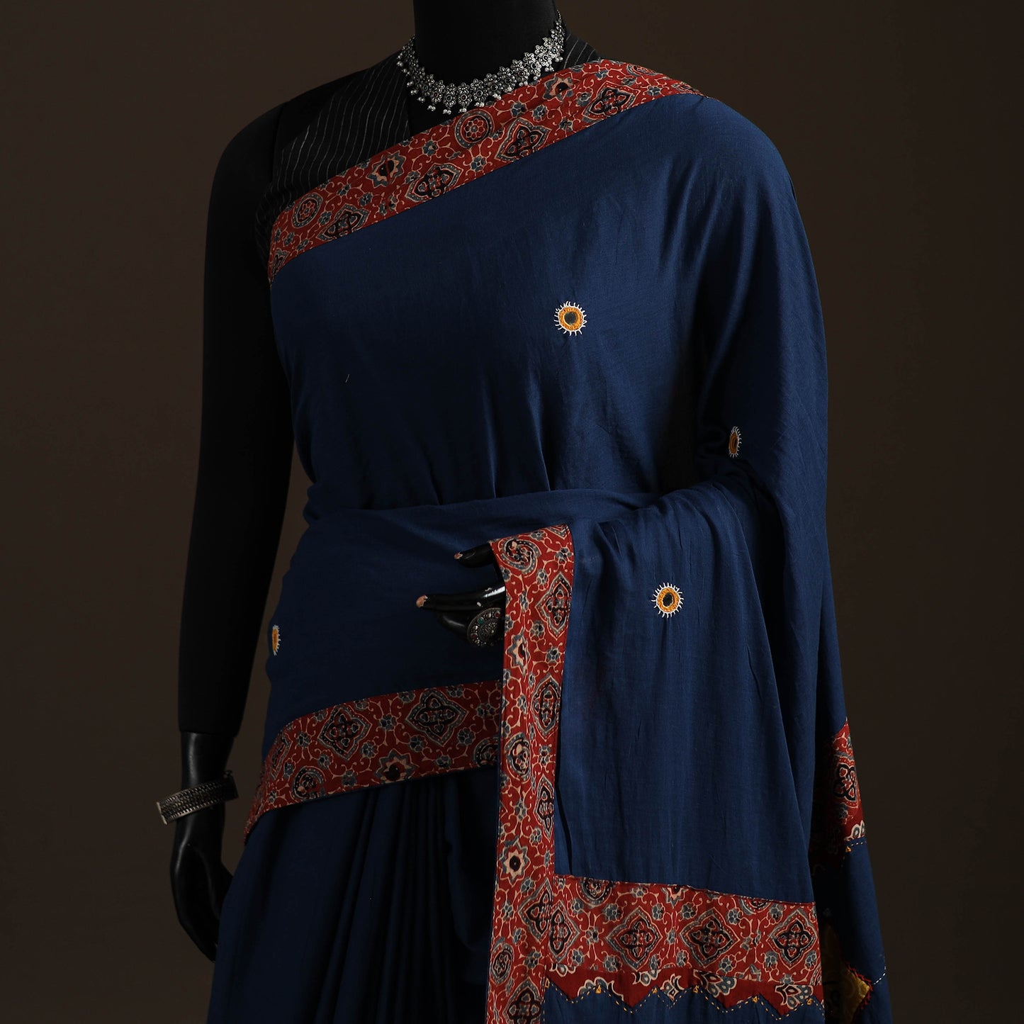 Ajrakh Hand Block Print Tagai & Mirror Patchwork Pure Mul Cotton Saree 03