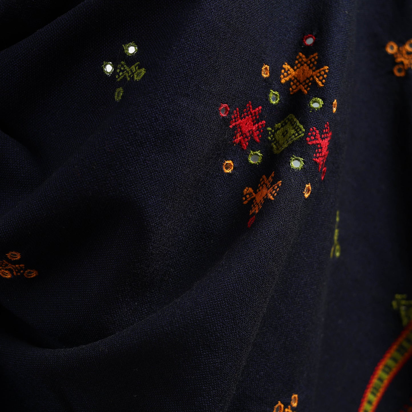 Kutch Handwoven Mirror Work Chomuk Buta Acrylic Wool Shawl 13