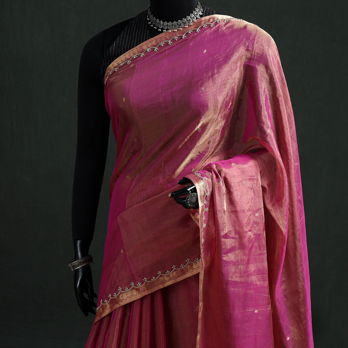 Pure Handloom Tissue Zari Buti Bead Work Katan Silk Chanderi Saree 06