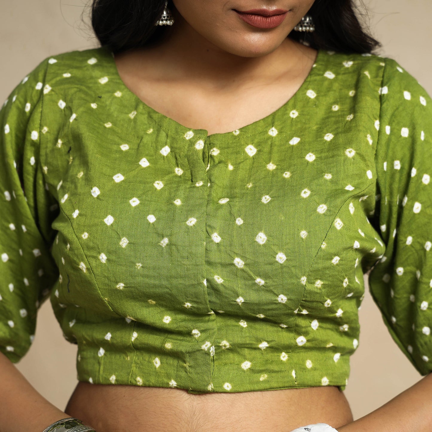 Green - Bandhani Tie Dye Cotton Stitched Blouse