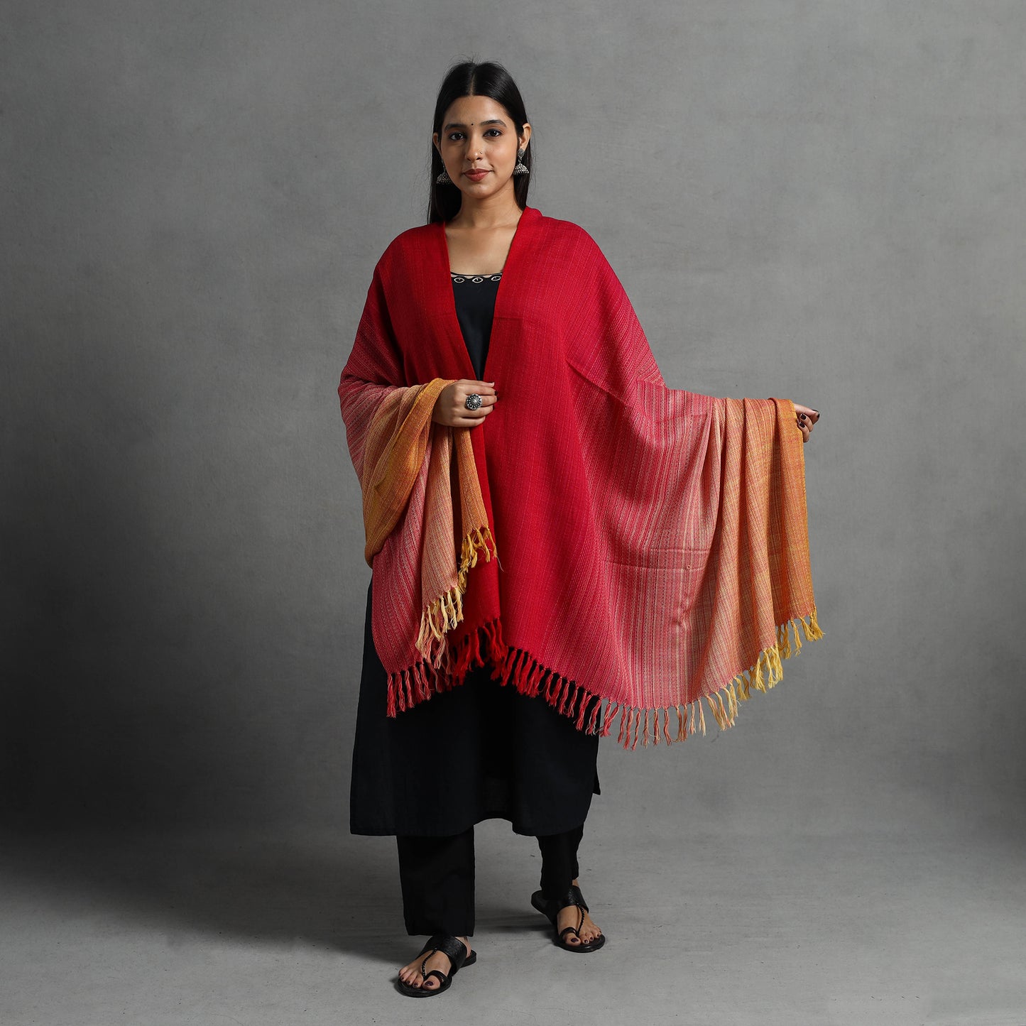 Red - Kumaun Handwoven Pure Merino Wool Shawl for Women 117