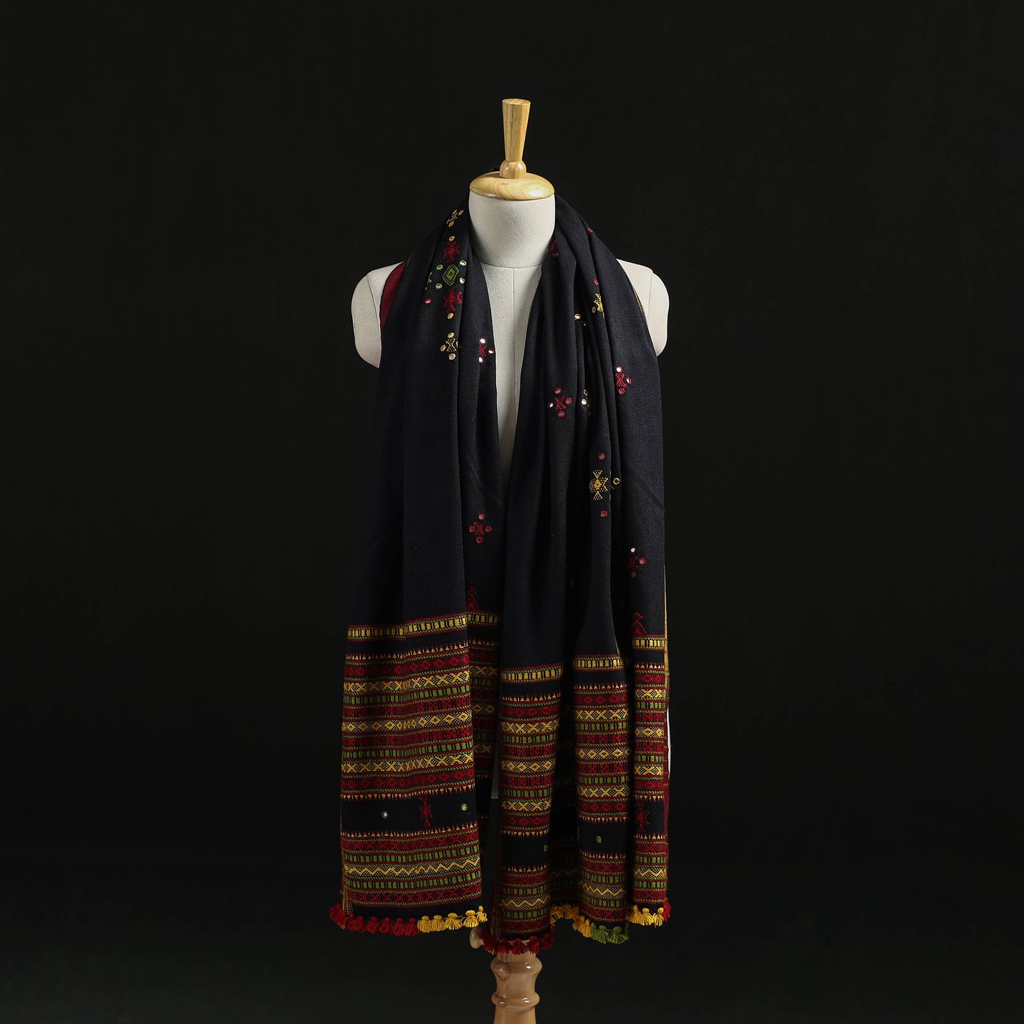 Kutch Handwoven Mirror Work Chomuk Buta Acrylic Wool Shawl 14