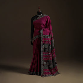 Ajrakh Hand Block Print Tagai & Mirror Patchwork Pure Mul Cotton Saree 20
