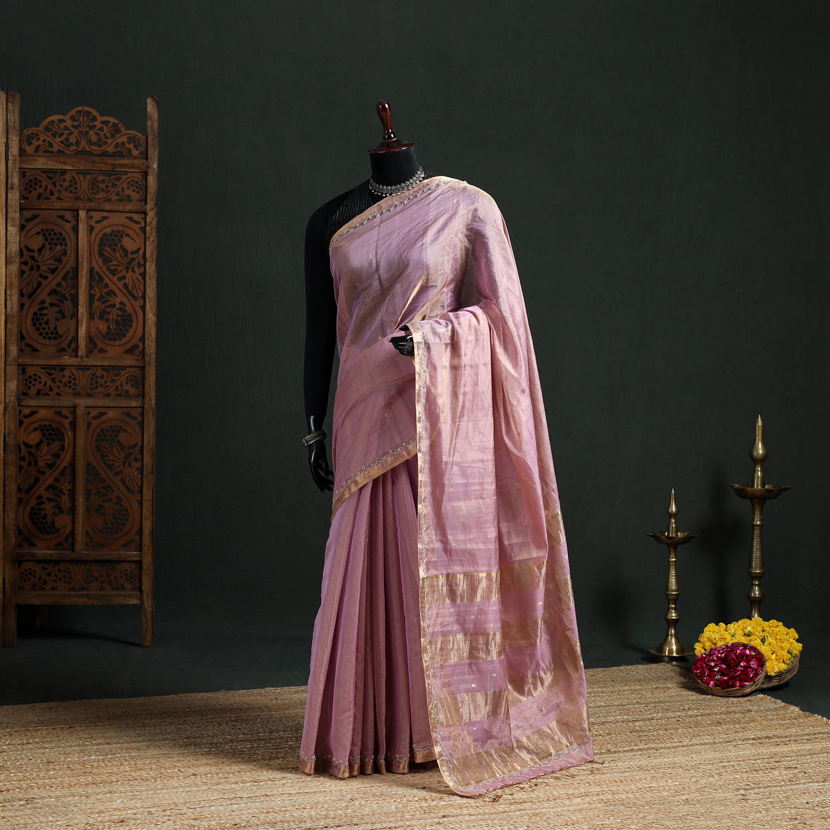 Pure Handloom Tissue Zari Buti Bead Work Katan Silk Chanderi Saree 07