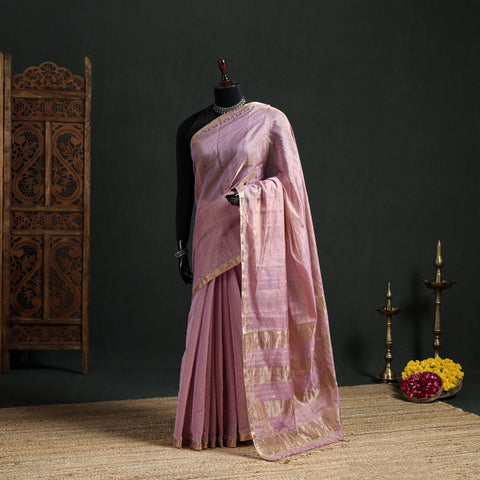 Pure Handloom Tissue Zari Buti Bead Work Katan Silk Chanderi Saree 07