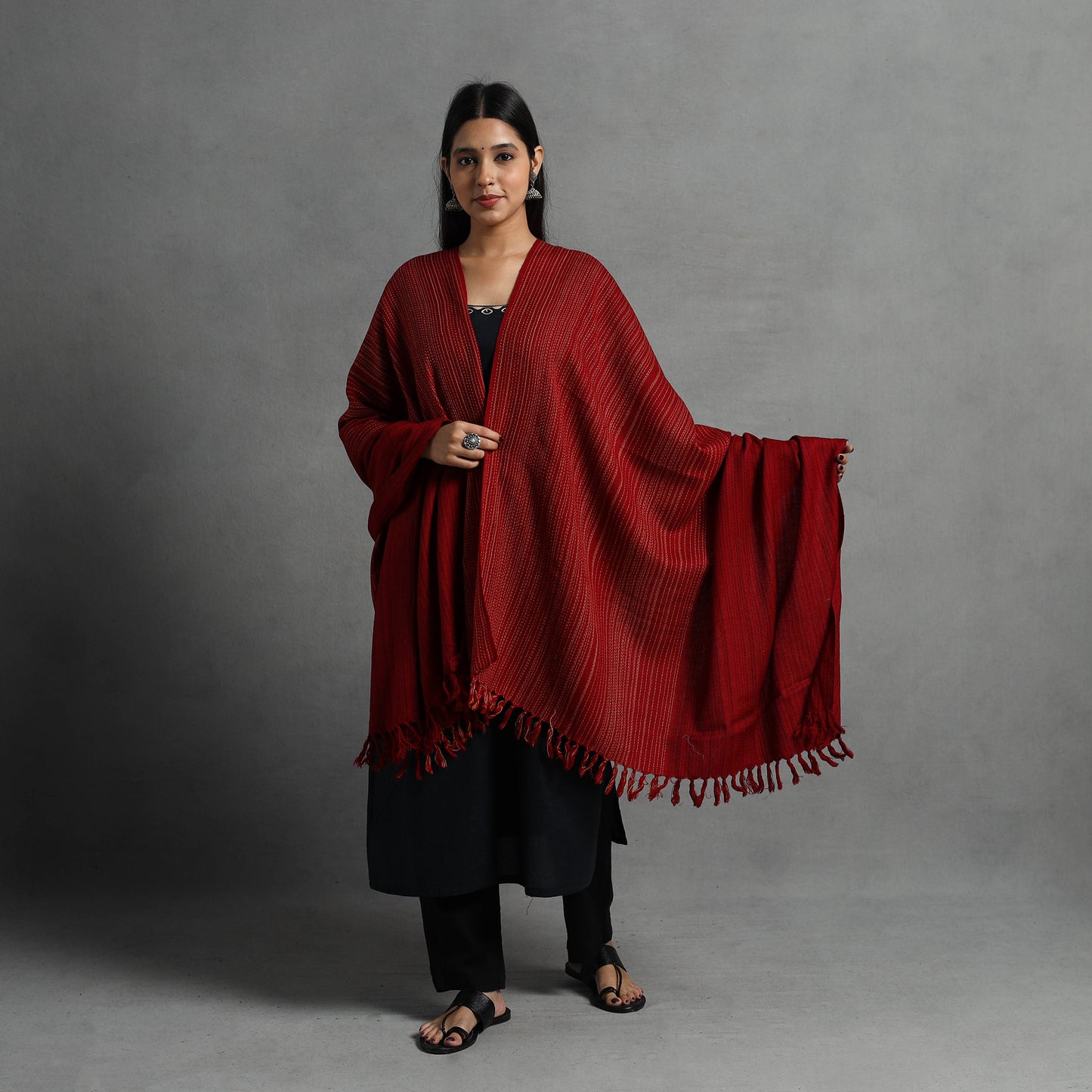 Red - Kumaun Handwoven Pure Merino Wool Shawl for Women 118