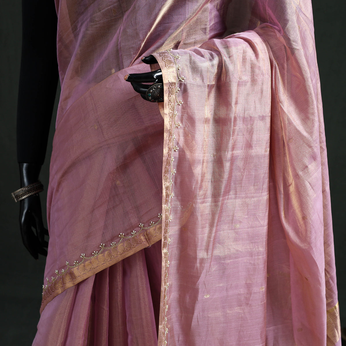 Pure Handloom Tissue Zari Buti Bead Work Katan Silk Chanderi Saree 07