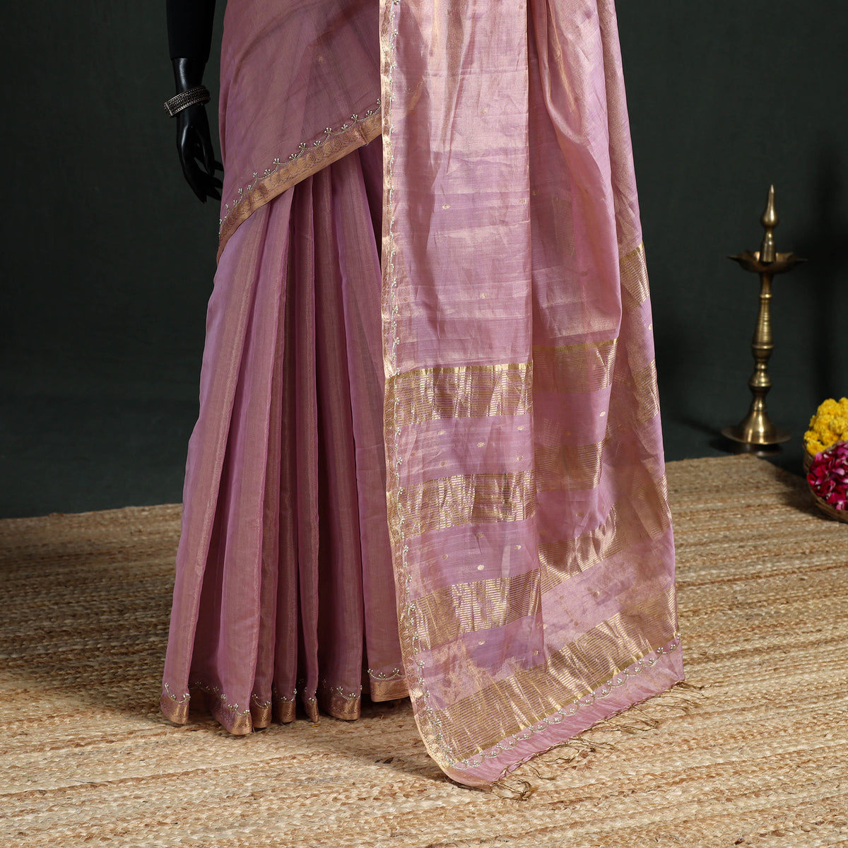 Pure Handloom Tissue Zari Buti Bead Work Katan Silk Chanderi Saree 07