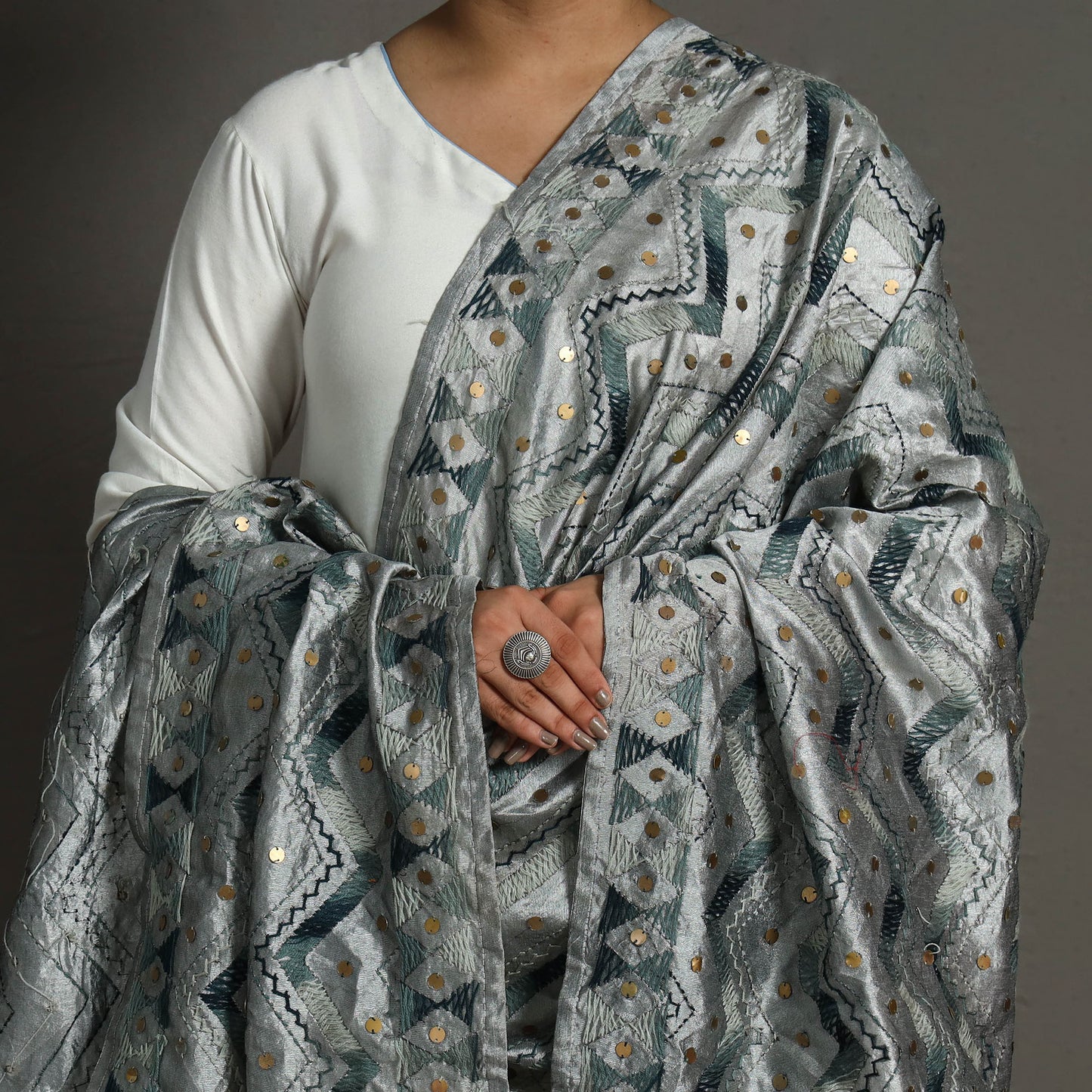 Grey - Ranihati Chanderi Silk Chapa Work Phulkari Embroidered Dupatta with Tassels 11